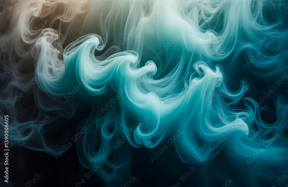 Obraz premium Swirling, ethereal teal and gold forms resembling smoke or flowing water. Abstract and dreamlike with smooth, captivating movements and a sense of depth. Hints of darkness create contrast.