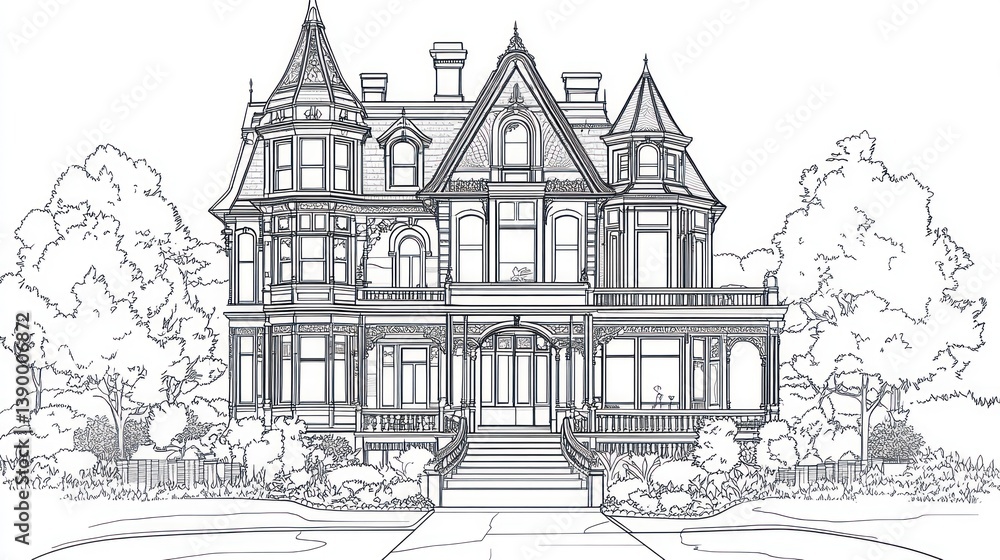 Victorian House Drawing, Architectural Illustration, Outdoors, Detailed Design, Background Trees