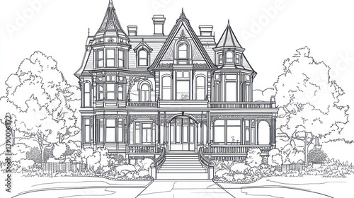 Victorian House Drawing, Architectural Illustration, Outdoors, Detailed Design, Background Trees