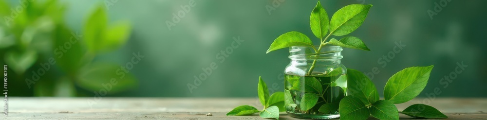 Stylish green leaves in glass jar, empty space background, hipster, modern, bright Stylish green leaves in glass jar, empty space background, hipster, modern, bright