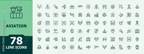 Aviation related icon. Includes symbols for transport, transportation, aircraft, air bus and more. Outline symbol collection. Flight modern icon. Editable stroke. Minimalist vector illustration.