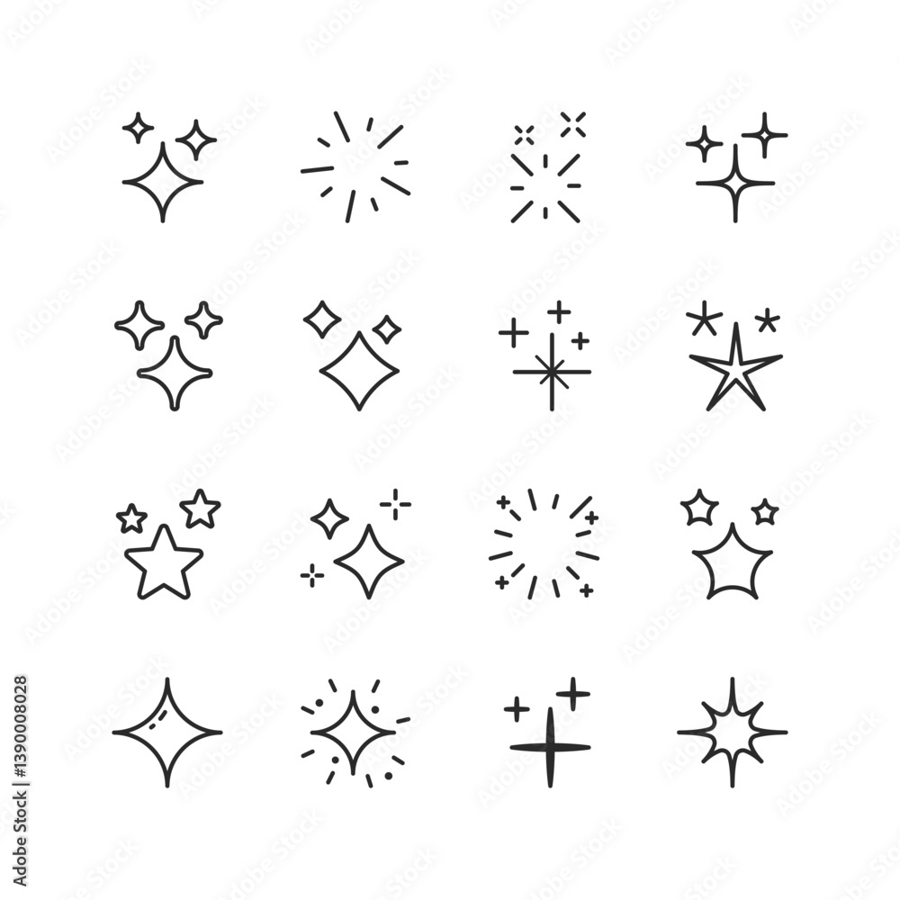 Fototapeta premium Shine and Sparkle, linear style icon set. Glowing stars, twinkles, light bursts and decorative sparkles. Symbols of cleanliness, magic, beauty and highlights. Editable stroke width