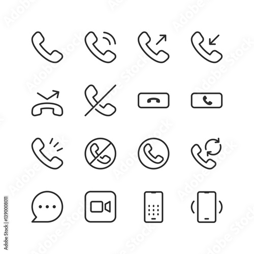 Phone and Call, linear style icon set. Incoming and outgoing call, missed call, call rejection, voicemail, video call, messaging, mobile phone. Editable stroke width