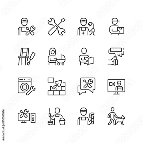 Local Specialists and Craftsmen, linear style icon set. Services and professions for home. Handyman, electrician, plumber, cleaner, tutor, babysitter, painter, tiler, pet walker.Editable stroke width