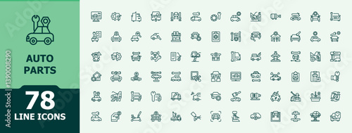 Auto Parts vector icon set. Includes thin line symbols car, auto, automotive, element, part, vehicle and more. Minimalist linear icons. Automobile icon collection. Editable vector art.