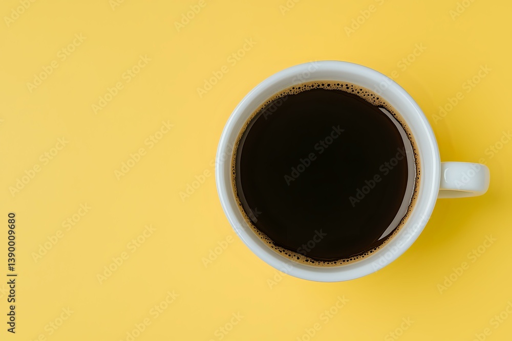 White ceramic cup filled with black coffee on vibrant yellow background, top view with copy space. Minimalist composition for cafe menu or coffee break concept. White ceramic cup filled with black coffee on vibrant yellow background, top view with copy space. Minimalist composition for cafe menu or coffee break concept.