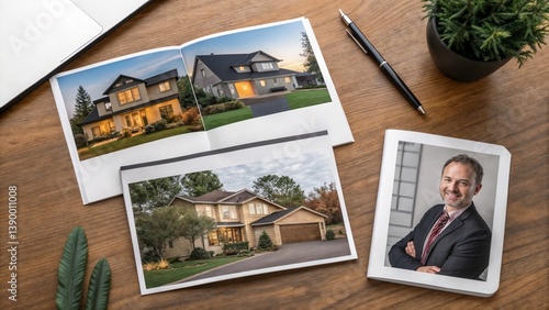 Real estate brochure with property photos and realtor portrait