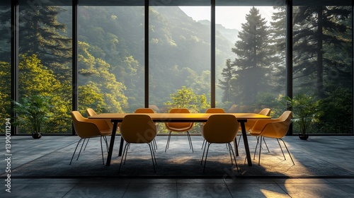 Modern Conference Room with Breathtaking Mountain and Forest Views Through Windows