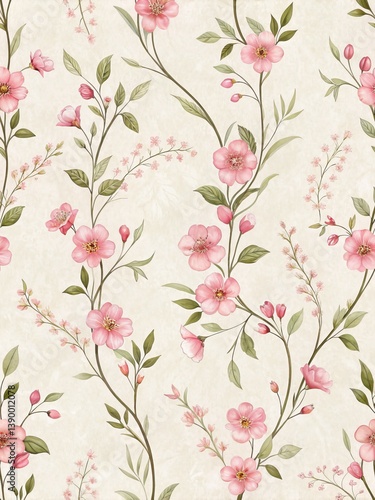 Wallpaper Mural This seamless floral pattern showcases delicate pink blossoms and greenery on a light beige backdrop. Torontodigital.ca