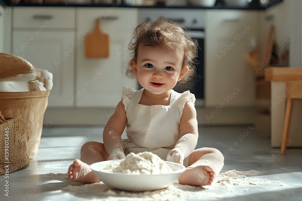 Happy baby girl in white dress sitting on kitchen floor with flour and dough, natural light through window, authentic lifestyle moment, messy baking scene. Happy baby girl in white dress sitting on kitchen floor with flour and dough, natural light through window, authentic lifestyle moment, messy baking scene.