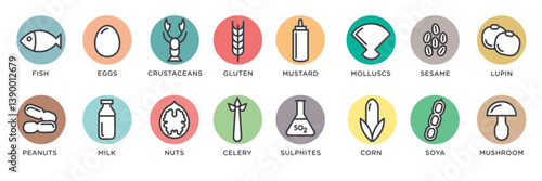 Food allergy icons. Basic allergens and diet line icons vector set. Isolated on white background