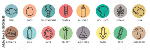 Food allergy icons. Basic allergens and diet line icons vector set. Isolated on white background