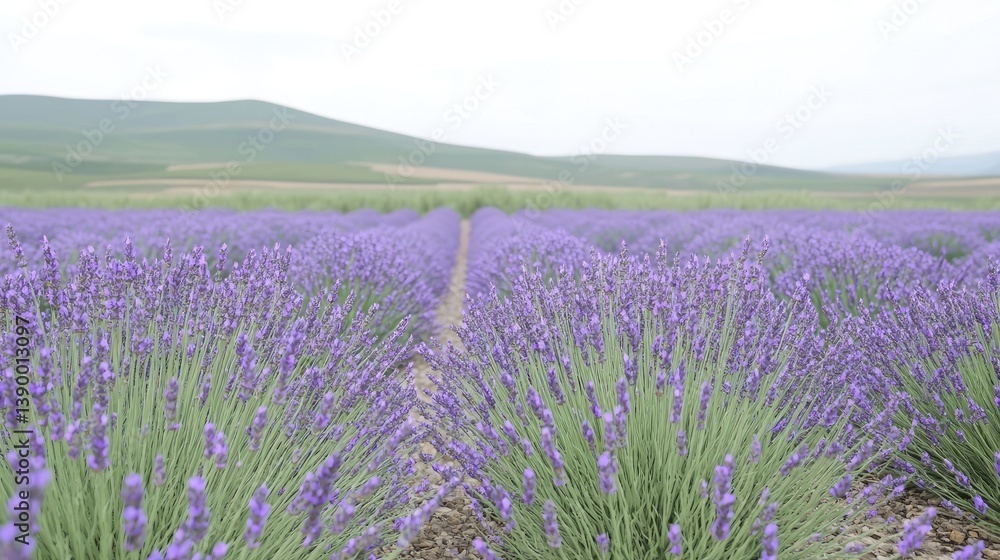 Obraz premium Lush lavender field stretches towards distant hills