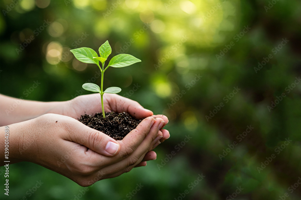Close up pair of hands gently holding small, vibrant green seedling with soil, blurred background of green foliage. Growth, nature and sustainability. Care for future a symbol of growth and new life. Close up pair of hands gently holding small, vibrant green seedling with soil, blurred background of green foliage. Growth, nature and sustainability. Care for future a symbol of growth and new life.