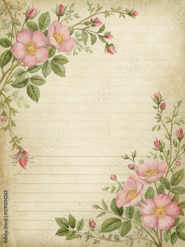 A charming, vintage-style illustration of delicate pink roses and leaves adorning the corners of a lined, aged paper background.