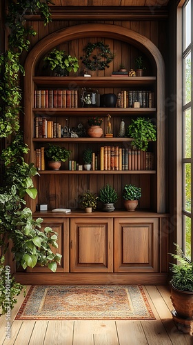 Wooden bookcase adorned with lush plants high resolution wallpaper