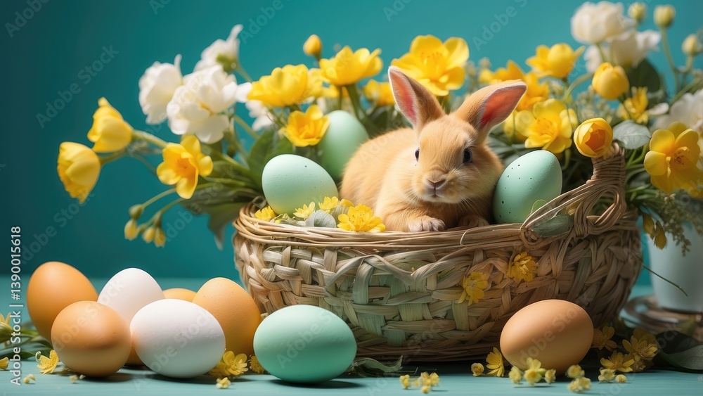 Fototapeta premium Perfectly arranged Easter decorations featuring yellow chic bunny figurines and an Easter basket, with ample space for personalized messages or text.