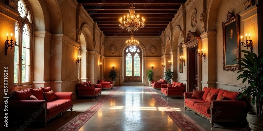 Obraz premium Grand Hallway with Elegant Red Sofas and Ornate Lighting Fixtures