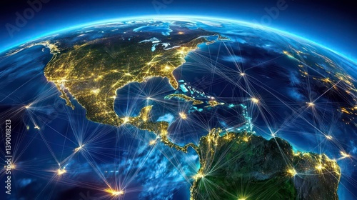 Digital global network concept with connecting lines and points around the Earth, blue background with night lights of North America and South America to reflect telecommunication design