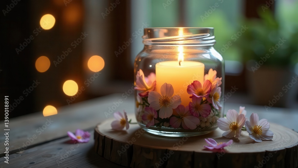 A serene candlelight scene featuring a glass jar, adorned with delicate pink blossoms, gently illuminated by a softly burning candle, resting on a rustic wooden slice. A serene candlelight scene featuring a glass jar, adorned with delicate pink blossoms, gently illuminated by a softly burning candle, resting on a rustic wooden slice.