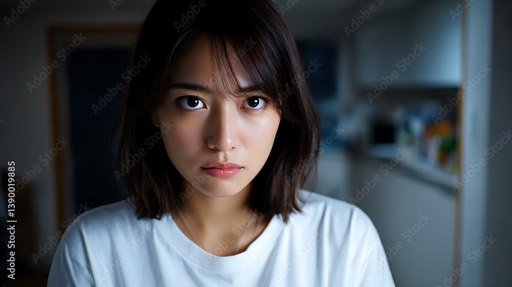 室内で強い視線を向ける若い女性 室内で強い視線を向ける若い女性