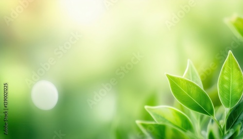vibrant green leaves in soft sunlight for nature-themed branding, serene background with bokeh effect