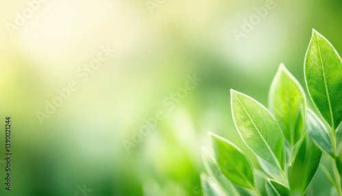vibrant green leaves in soft sunlight for nature-themed branding, serene background with bokeh effect