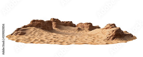 Sandy Desert Landscape With Rock Formations And Dunes  on transparent background , png , cutout