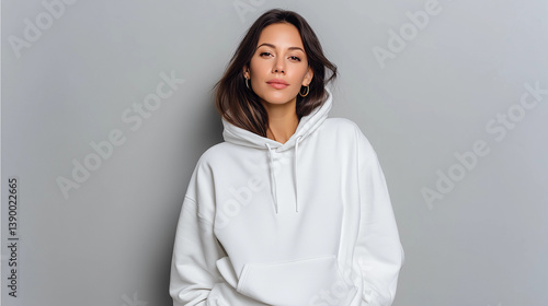 woman in a white hoodie stands calmly against a gray background with a casual, minimal fashion look