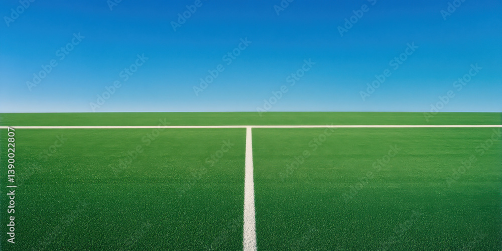 Fototapeta premium vibrant green football field clear blue sky creates serene and inviting atmosphere for sports enthusiasts. well maintained grass and crisp white lines enhance visual appeal, making it perfect