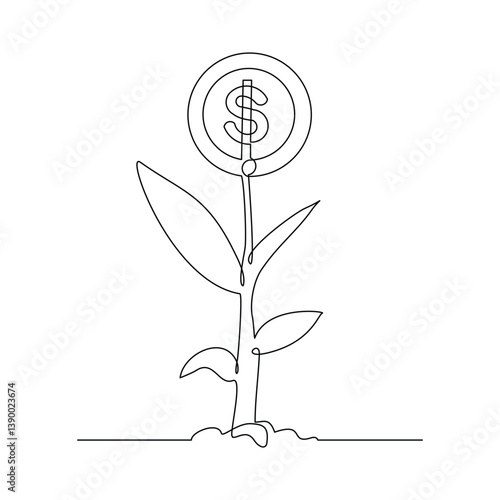 Continuous single line of money coin dollar green leaf plant seeds with pot vase. Economy business growth investment sketch drawing editable stroke vector illustration