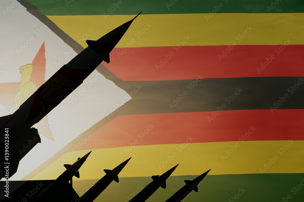 Missiles on a background of flag of Zimbabwe. Copy space on the right side
