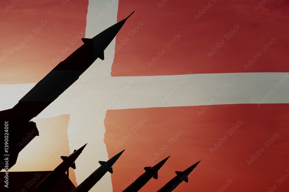 Missiles on a background of flag of Denmark. Copy space on the right side