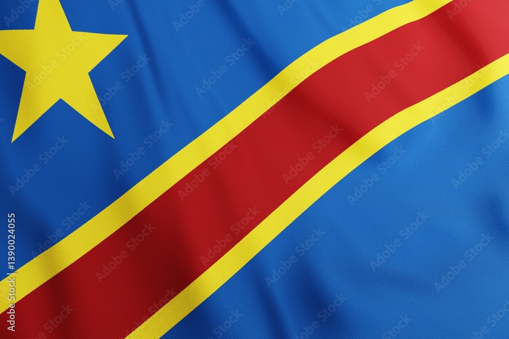 Fabric painted in colors of flag of Democratic Republic of Congo. Close up shot
