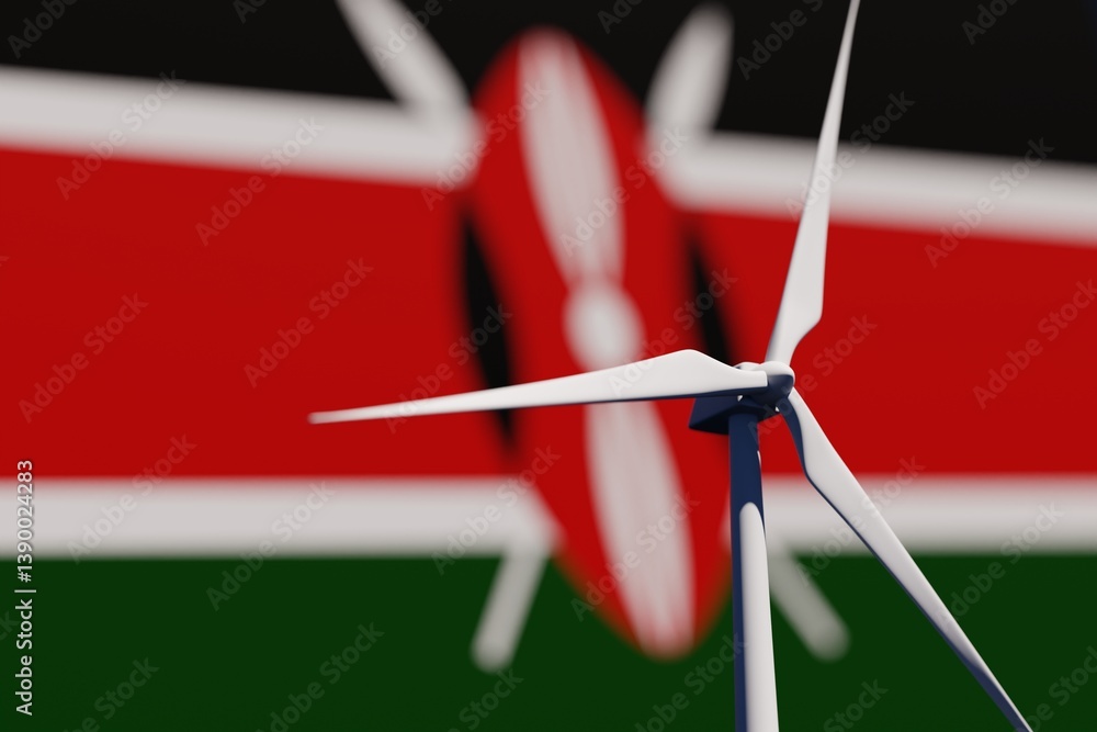 Wind turbine on a background of blurred flag of Kenya. Wind power concept, selective focus