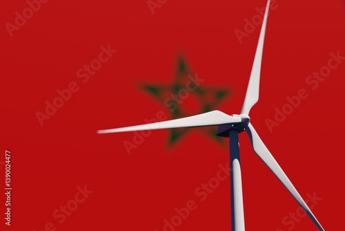 Wind turbine on a background of blurred flag of Morocco. Wind power concept, selective focus