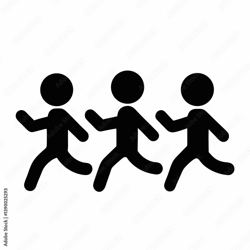 Three Running Figures In Black Silhouette Symbolizing Speed And Teamwork On White Background Three Running Figures In Black Silhouette Symbolizing Speed And Teamwork On White Background
