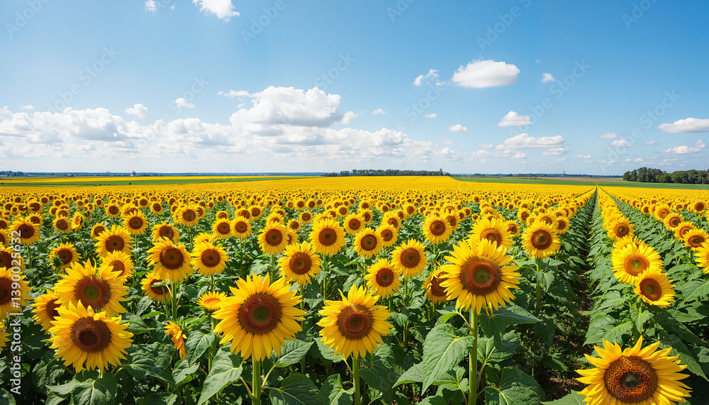 Fototapeta premium Sunflowers blooming under a clear blue sky in a vibrant field 