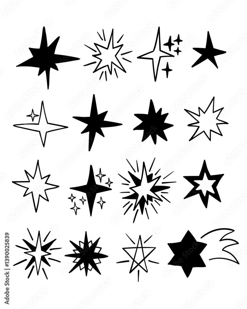 Hand Drawn grunge stars, glitter, Shining spark, Blink twinkle, star shapes. magic light flare set Hand Drawn grunge stars, glitter, Shining spark, Blink twinkle, star shapes. magic light flare set