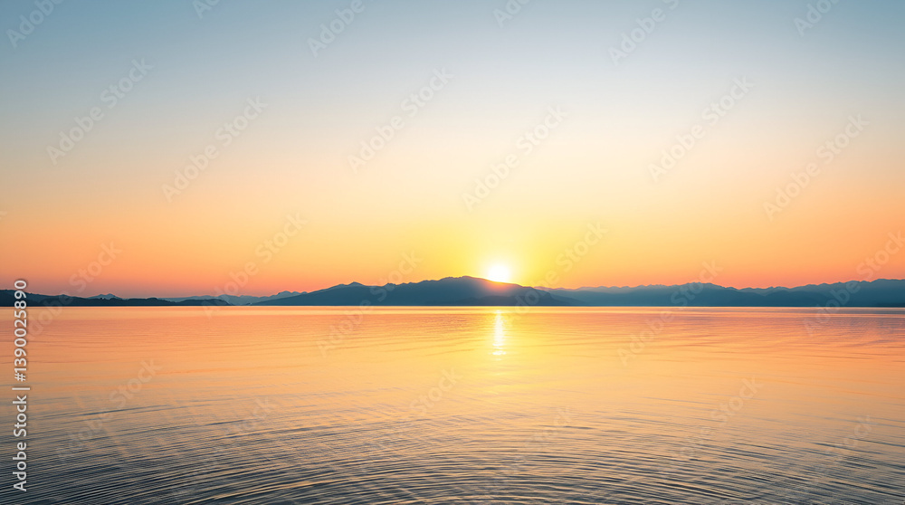 Naklejka premium A peaceful sunrise over a tranquil lake with mountains in the background, soft pastel colors in the sky