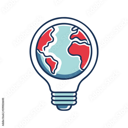 Earth inside light bulb icon in flat style with red and teal colors