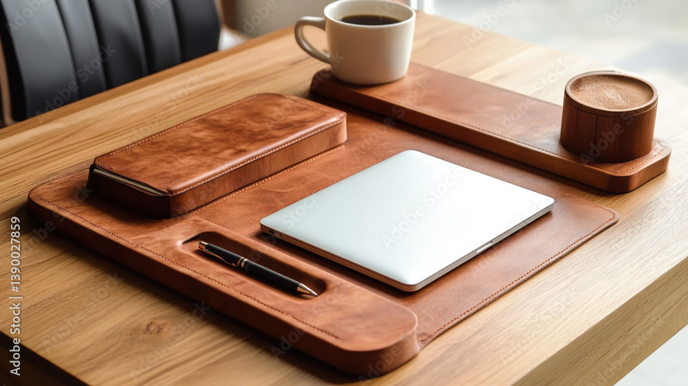 Organized wooden desk setup with laptop, notebook, pen, coffee mug, and leather accessories by window