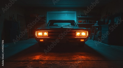 Classic car in a dimly lit garage, bathed in vibrant neon hues.  Detailed interior view showcasing vintage automobile