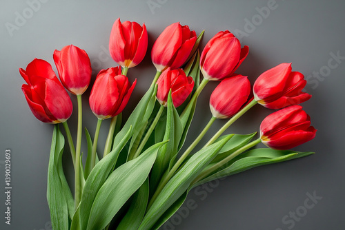 A vibrant bouquet of red tulips with lush green leaves, arranged elegantly against a textured gray background, showcasing natural beauty and vivid color contrast.