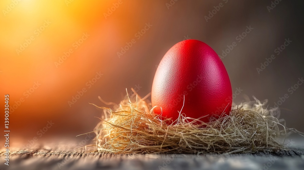 Fototapeta premium A vibrant red egg sits in a nest with dramatic lighting