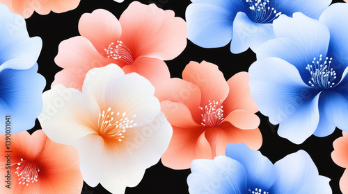 Beautiful seamless pattern featuring vibrant flowers in shades of blue, pink, and white creating stunning visual impact