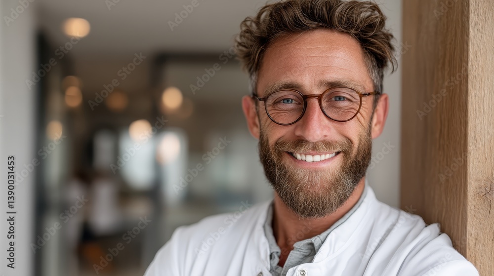 A cheerful male doctor with a beard and glasses stands confidently in a modern medical office, conveying warmth and approachability to patients and colleagues alike. A cheerful male doctor with a beard and glasses stands confidently in a modern medical office, conveying warmth and approachability to patients and colleagues alike.