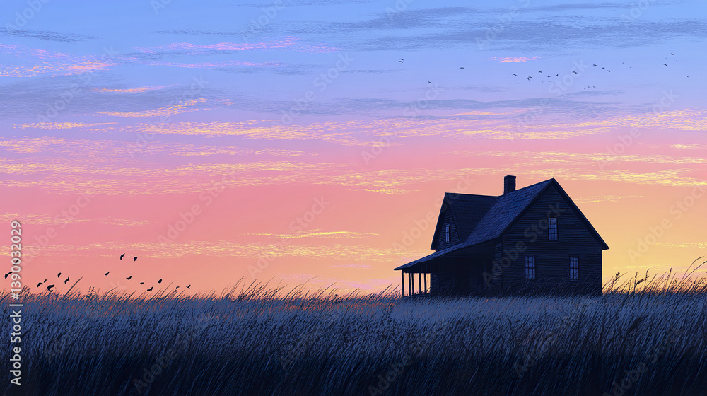 Silhouette of farmhouse at dawn with pastel sky and birds flying Silhouette of farmhouse at dawn with pastel sky and birds flying