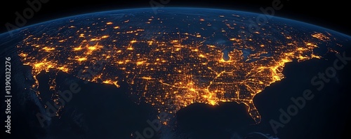 Nighttime view of North America from space, vibrant city lights across the United States, Canada, and Mexico, with a focus on New York and California, NASAstyle 3D Earth render