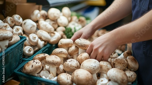 Fresh white mushrooms being selected at market stall